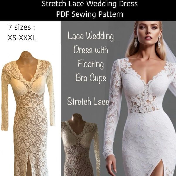 Lace wedding dress with a high slit, train and built in cups. Lace wedding gown PDF sewing pattern. Prom, bridesmaid, special occasion dress