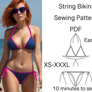 String Bikini Swimsuit PDF Sewing Pattern. Bathing suit bikini top and bikini bottom sewing pattern. Easy sewing for beginners. Women bikini