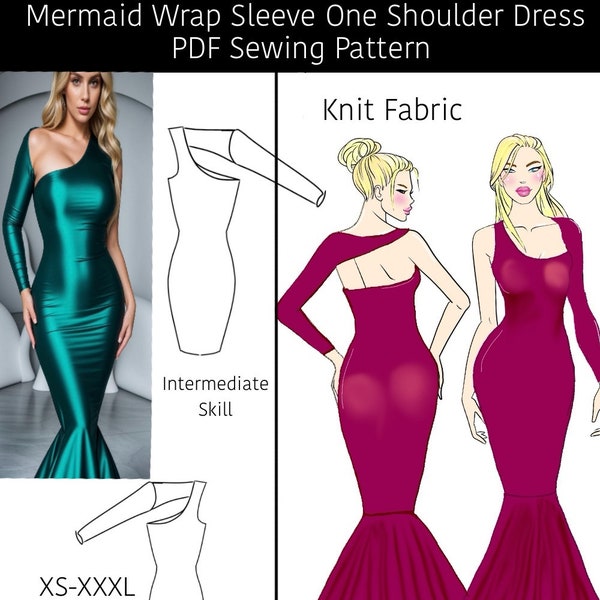 Mermaid Wrap-Sleeve Prom Dress PDF Sewing Pattern. 7 sizes|Prom Dress PDF|Woman Sewing Pattern|Bridesmaid, Wedding, Evening Gown.