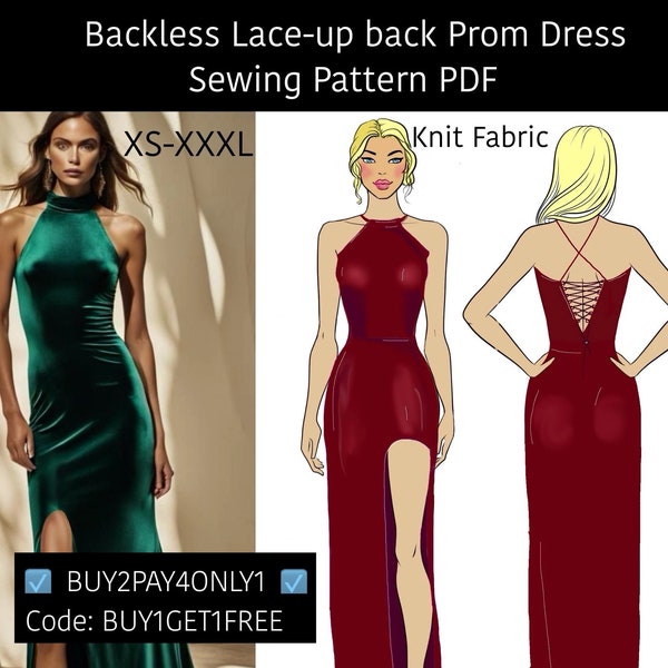 Backless Dress Sewing Pattern PDF. High slit, maxi party prom dress. 7 sizes pattern for bridesmaid, wedding, party sewing patterns evening