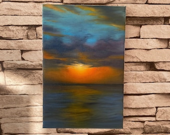 Pintura a óleo sobre tela de pôr do sol feita à mão (7,8 x 11,8 pol.)