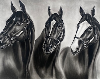 Disegno di cavallo a carboncino fatto a mano: arte murale equina (47x31 pollici)
