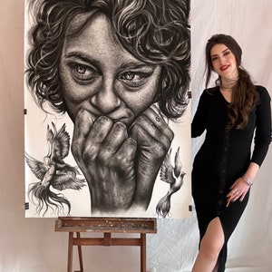 Grote houtskooltekening: verliefde vrouw, duivenkunst (140 x 100 cm)