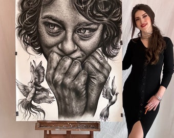 Disegno originale a carboncino di una donna innamorata, arte da parete a carboncino, disegno di piccione, disegno fatto a mano su carta, arte a carboncino di grandi dimensioni