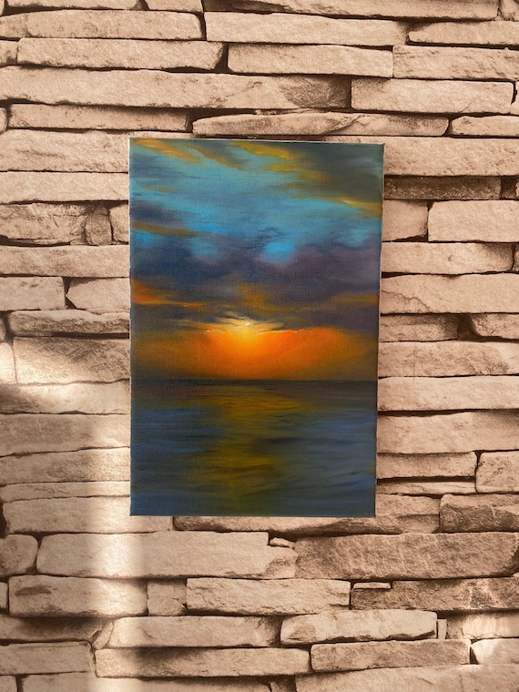 Handmade Sunset Seascape Oil Painting on Canvas (7,8x11,8 in)