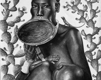 Original Charcoal Drawing of a Woman ,Portrait From Photo, Charcoal Portrait of Omo Valley Woman , Home Decor, naked woman Hand Drawing,