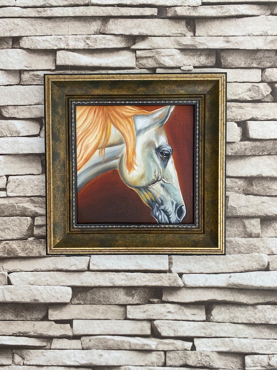 額入り白馬の肖像画：キャンバスに描かれたオリジナル油絵（7.8 x 7.8