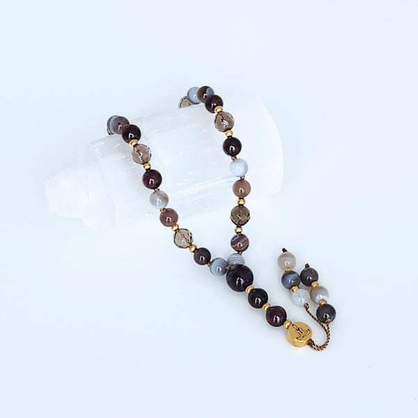 Mini pocket mala, Botswana agate, wine red garnet, smoky quartz, meditation, yoga, prayer bead, mini travel mala, 27 beads, 8 mm