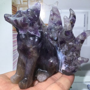 3.8'' Natural Dreamy Amethyst quartz,quartz crystal,hand carved,crystal Nine-tailed fox,healing reiki,crystal gift 1pc image 8