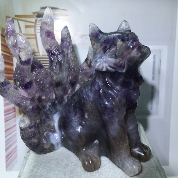 3.8''+ Natural Dreamy Amethyst quartz,quartz crystal,hand carved,crystal Nine-tailed fox,healing reiki,crystal gift 1pc