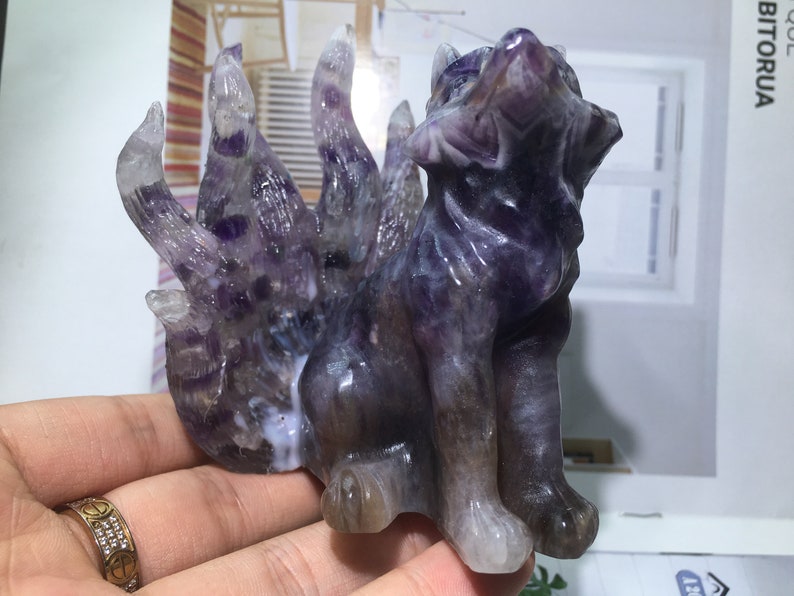 3.8'' Natural Dreamy Amethyst quartz,quartz crystal,hand carved,crystal Nine-tailed fox,healing reiki,crystal gift 1pc image 6