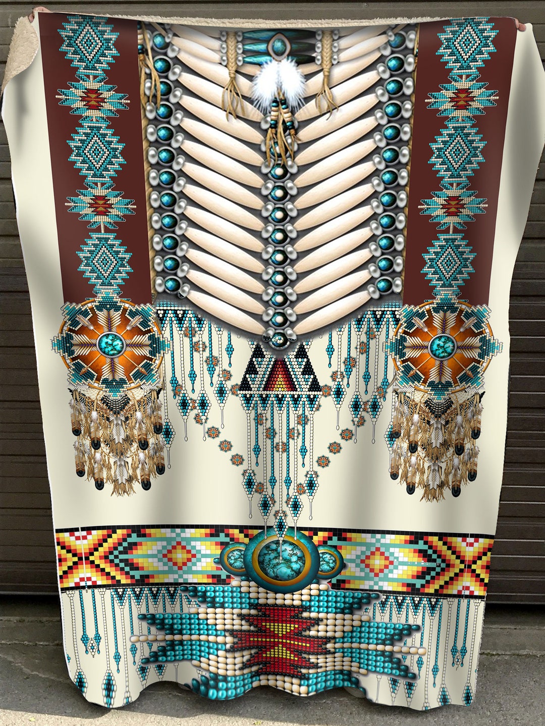 Native Americans Blanket, Turiquoise Native Indian Pattern Feather