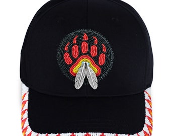 Native American Bear Paw Handmade Beaded Patch Brim Trucker Cap, Handmade Unisex Hat, Beaded Trucker Hat, Native American Cap, Cap For Women