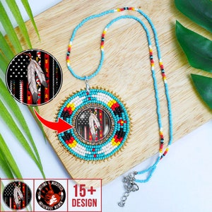 Native Flag Sunburst Handmade Beaded Turquoise Necklace With Convex Glass Middle, Handmade Medallion Beaded Necklace With 15+ MMIW Designs