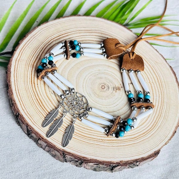 Traditional Buffalo Bone 3 Line Hair Pipe Tribal Choker Leather Native American Necklace, Native Buffalo Bone Bead Choker Tribal Jewelry