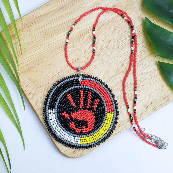 MMIW Handmade Beaded Necklace, Native Americans Jewelry, Medallion Beaded Necklace, Native American Beaded Necklace, Red Hand Beaded