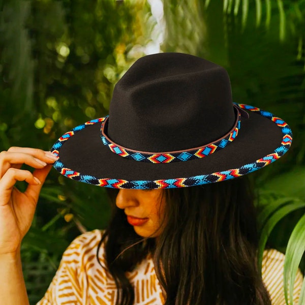 Donkerblauw patroon handgemaakte kralen Fedora, Native American, Fedora hoed voor mannen & vrouwen brede rand vilten hoed, handgemaakte kralen Fedora hoeden