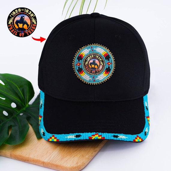 Trail of Tears Beaded Sunburst Glass Beaded Blue Patch Brim Trucker Cap,  Handcrafted Unisex Hat, Beaded Trucker Hat, Native American Cap 