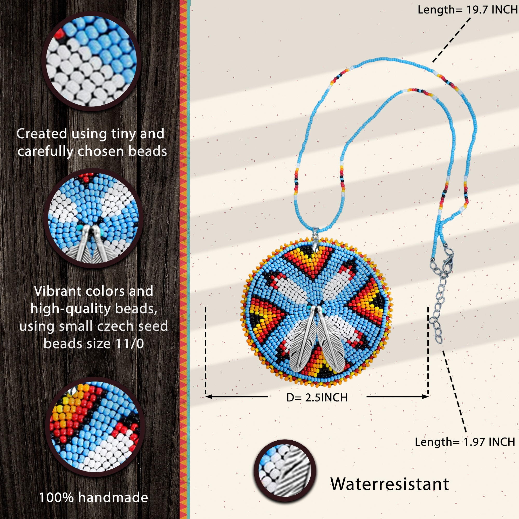 Four Feather Handmade Beaded Wire Necklace Pendant, Native Americans