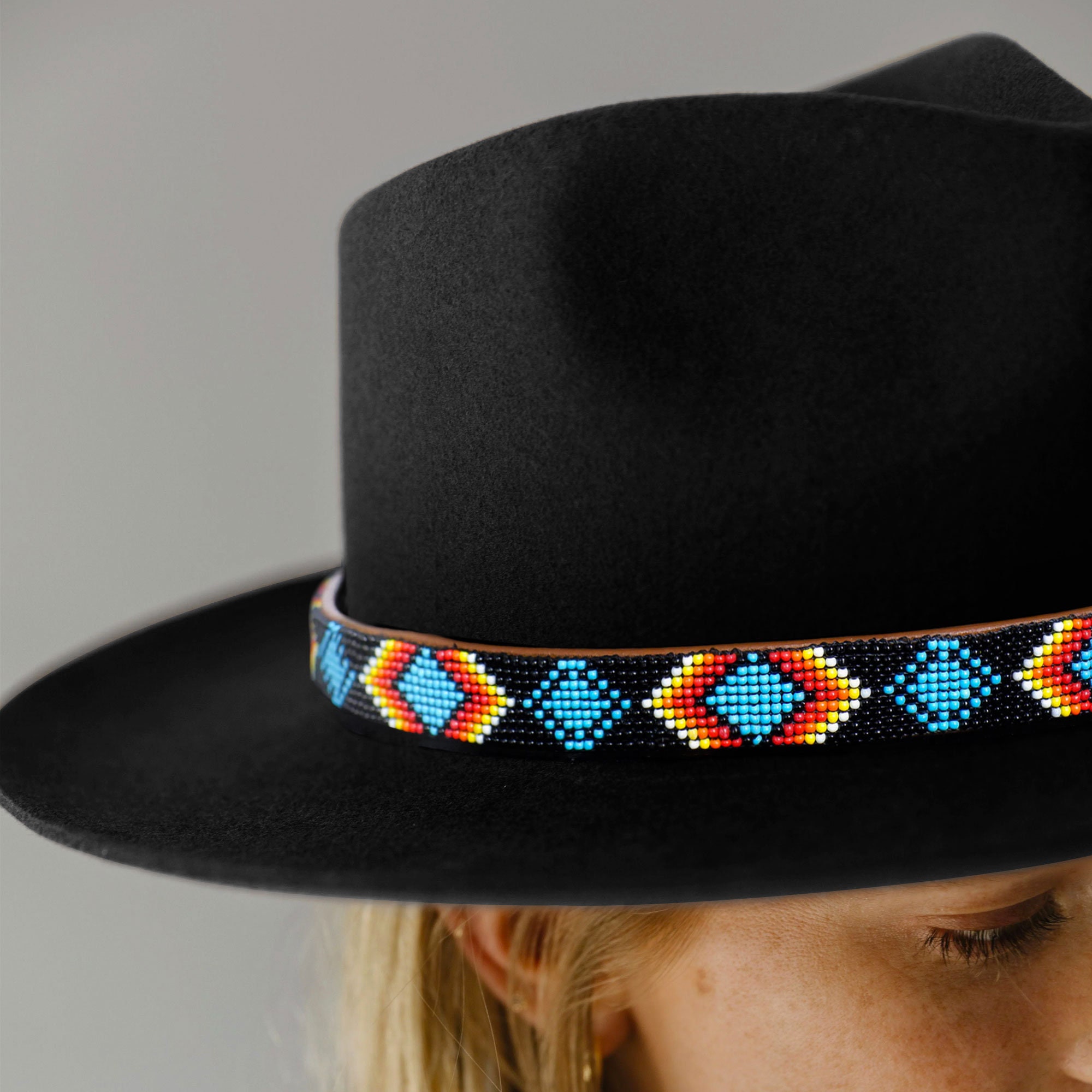 Dark Blue Pattern Handmade Beaded Fedora, Native American, Fedora Hat