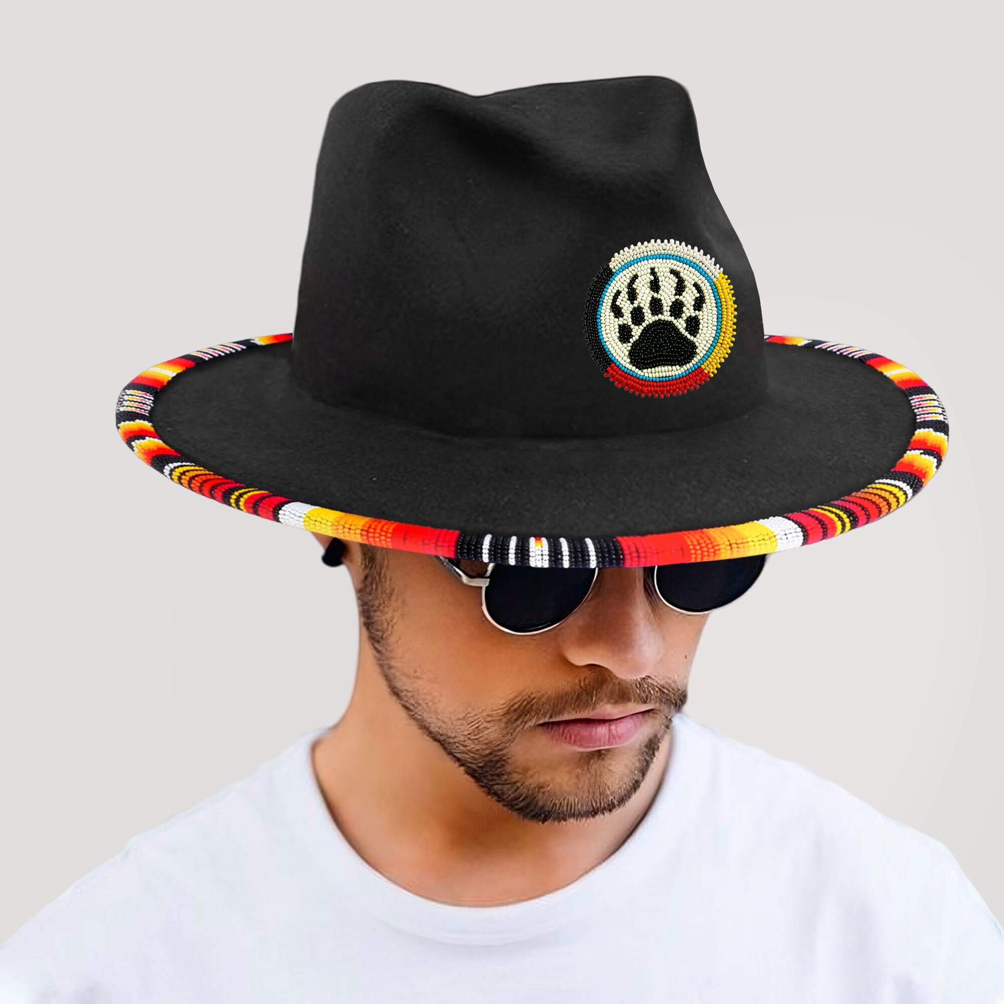 Bear Paw Full Brim Beaded Patch Fedora Hat, Native American for Men
