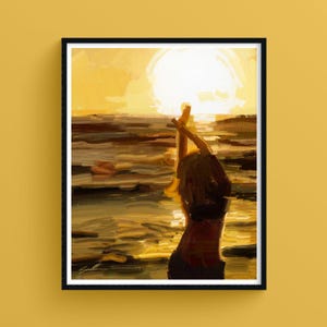 Donna a Sunrise Beach, arte positiva contemporanea, stampa giclée, luce dorata, serenità e libertà, illustrazione anti-ansia