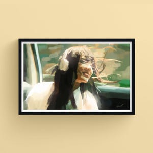 Donna sorridente nel vento, arte digitale emozionale, stampa giclée fine art, libertà e gioia, illustrazione rilassante, antidepressione