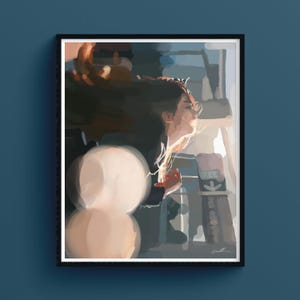 Giovane donna al sole, arte emozionale giapponese, illustrazione contemporanea, stampa giclée artistica, luce e speranza, arte positiva