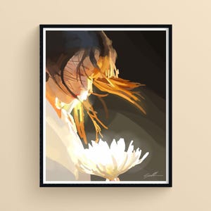 Donna giapponese con fiore dorato, arte zen femminile, illustrazione luminosa, stampa giclée artistica, serenità e pace, arte positiva