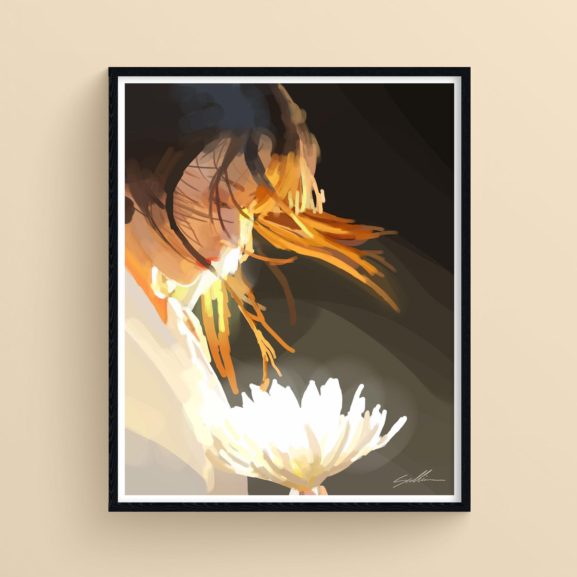 Japanese Woman Golden Flower, Zen Feminine Art, Luminous Illustration, Giclée Fine Art Print, Serenity and Peace, Positive Art
