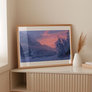 Pastel Sky Painting Calm Winter Landscape: Snowy Mountains Glow, Tranquil Alpine Scene | Matte Paper, Eco-Friendly Print | Multiple Sizes
