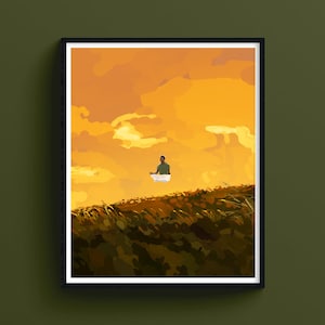 Meditazione al crepuscolo, illustrazione contemplativa, stampa giclée artistica, arte positiva per la pace interiore, la serenità e la luce