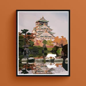 Schloss Osaka Japan, Mystische Weiße Katze, Zen Illustration, Giclée Kunstdruck, Ruhe und Inneres Licht, Anti-Depression