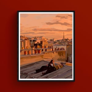 Tetti di Parigi al tramonto, illustrazione romantica, stampa giclée artistica, dolcezza e amore, arte positiva, rilassante