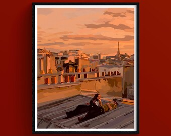 Paris Rooftops Sunset, Romantic Illustration, Fine Art Giclée Print, Love and Calm, Positive Emotional Wall Art
