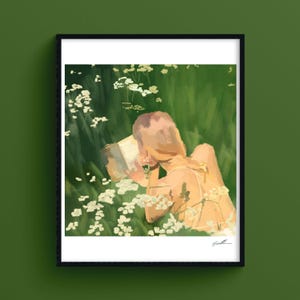 Lettura femminile rilassante, arte emozionale a pastello, illustrazione naturalistica, stampa giclée artistica, calma e luce interiore, antidepressione