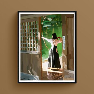Arco, Arte Zen Femenino, Ilustración Japonesa, Impresión Giclée de Bellas Artes, Serenidad y Concentración, Arte Positivo Antidepresivo