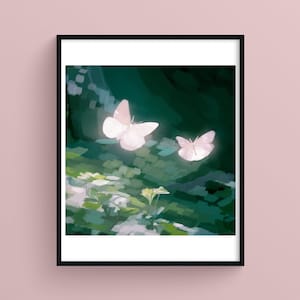 Farfalle bianche, Arte rilassante della natura, Illustrazione digitale poetica, Stampa giclée artistica, Luce e lasciarsi andare, Arte positiva