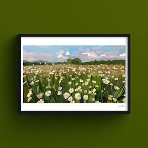 Campo di margherite, rilassante arte paesaggistica, illustrazione floreale, stampa giclée artistica, natura positiva, serenità e luce
