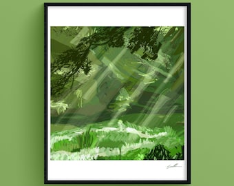 Soothing Forest, Green Light, Emotional Nature Illustration, Fine Art Giclée Print, Serenity and Renewal, Positive Art
