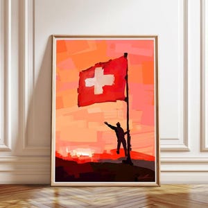 Alpine Pride Red Modern Painting: Swiss Sunrise Landscape, Patriotic Theme (Matte Giclee Print, Multiple Sizes, Eco-Friendly)