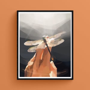 Libellula sulla mano, arte positiva minimalista, illustrazione digitale con luce, stampa giclée fine art, speranza e calma interiore
