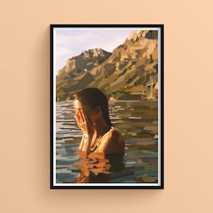 Donna in acqua, arte contemplativa della natura, stampa giclée di belle arti, bagno di luce e serenità, illustrazione positiva e rilassante