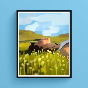 Liegende Frau im Sonnenlicht, Zeitgenössische Positive Kunst, Giclée Druck Illustration, Wohlbefinden und innere Freiheit