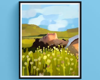 Woman Lying in the Sun, Positive Contemporary Art Print, Giclée Emotional Illustration, Inner Peace and Freedom