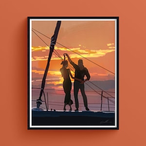 Coppia al tramonto, arte marina romantica, illustrazione emotiva, stampa giclée artistica, libertà e tenerezza, arte positiva
