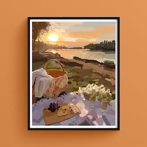 Picknick im Sonnenuntergang, Sanfte Naturillustration, Fine Art Giclée Druck, Licht und Ruhe, Positiver Kunstdruck