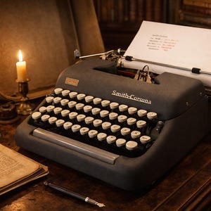 May include: A classic Smith-Corona typewriter with white keys and a paper sheet. The typewriter sits on a wooden desk, alongside a lit candle, spectacles, and a book. The scene creates a traditional writing atmosphere.