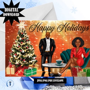 Kerstkaarten digitaal, afdrukbare kaarten, kerstkaarten, Afro-Amerikaans, zwarte vrouwen, zwarte kerstkaarten, verticale vouwkaart.