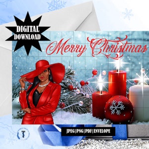 Buon Natale, cartoline di Natale digitali, cartoline stampabili, biglietti di auguri, afroamericani, donne nere, cartoline di Natale nere,